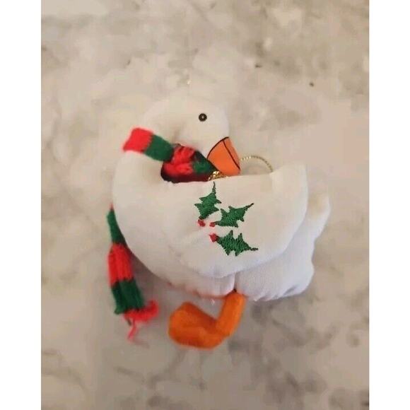 Vtg Christmas Ornament Goose Wearing Holiday Scarf Handmade Embroidered Holly - Picture 2 of 6